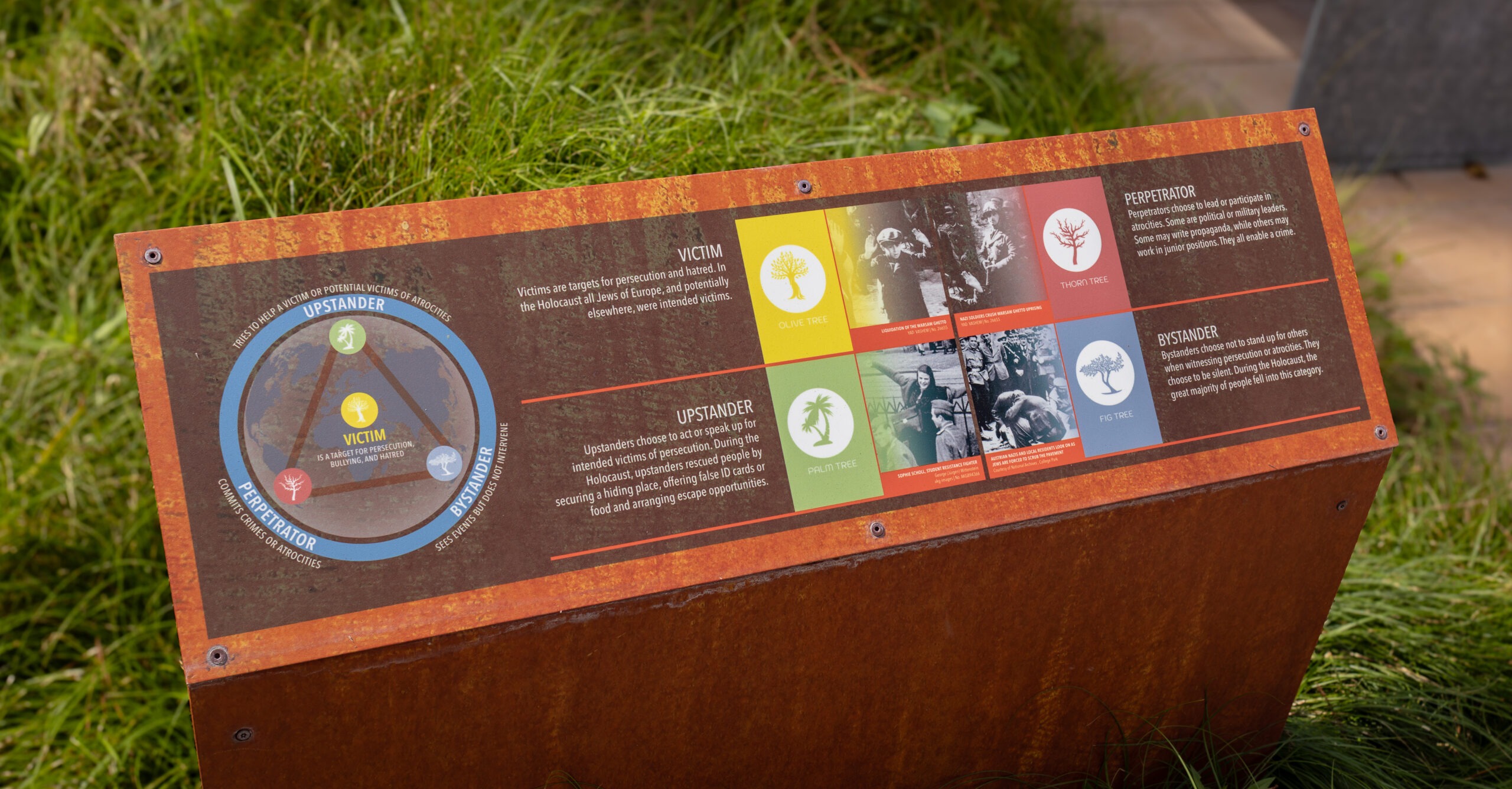 Interpretive Holocaust Garden of Hope signage surrounded by landscaping