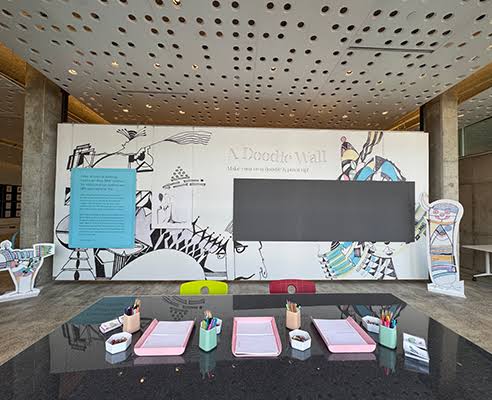 Interactive drawing table and exhibition graphics inside A Doodle Diary