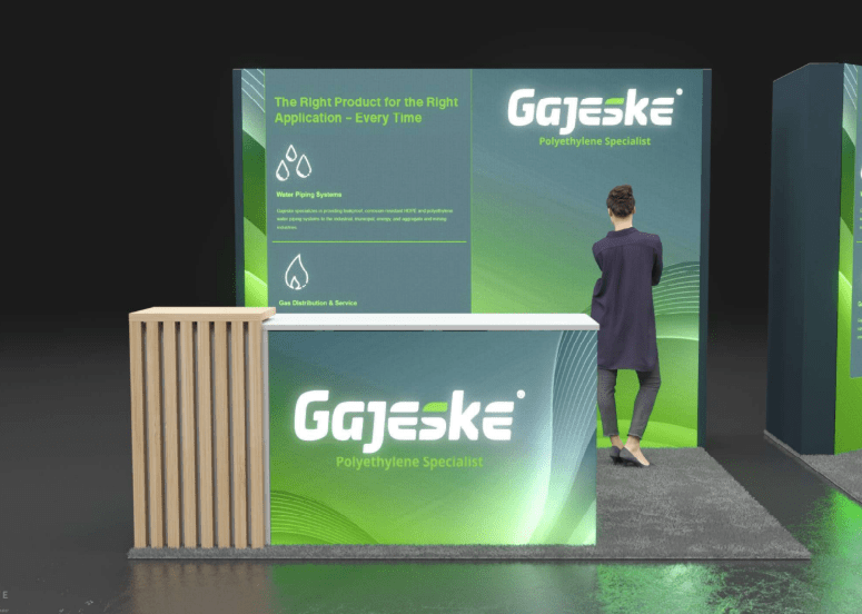 10 by 10 trade show exhibit rendering with LED wall and counter
